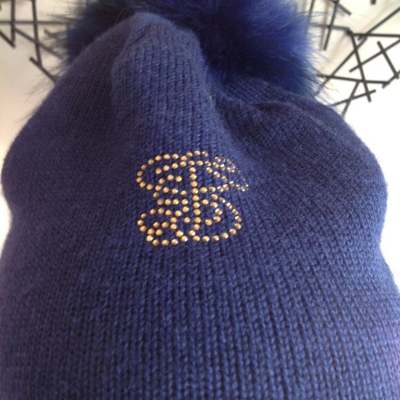 Lindo F Dark Blue Rhinestone Logo Merino Wool Real Fur Pom Pom Hat main image 10